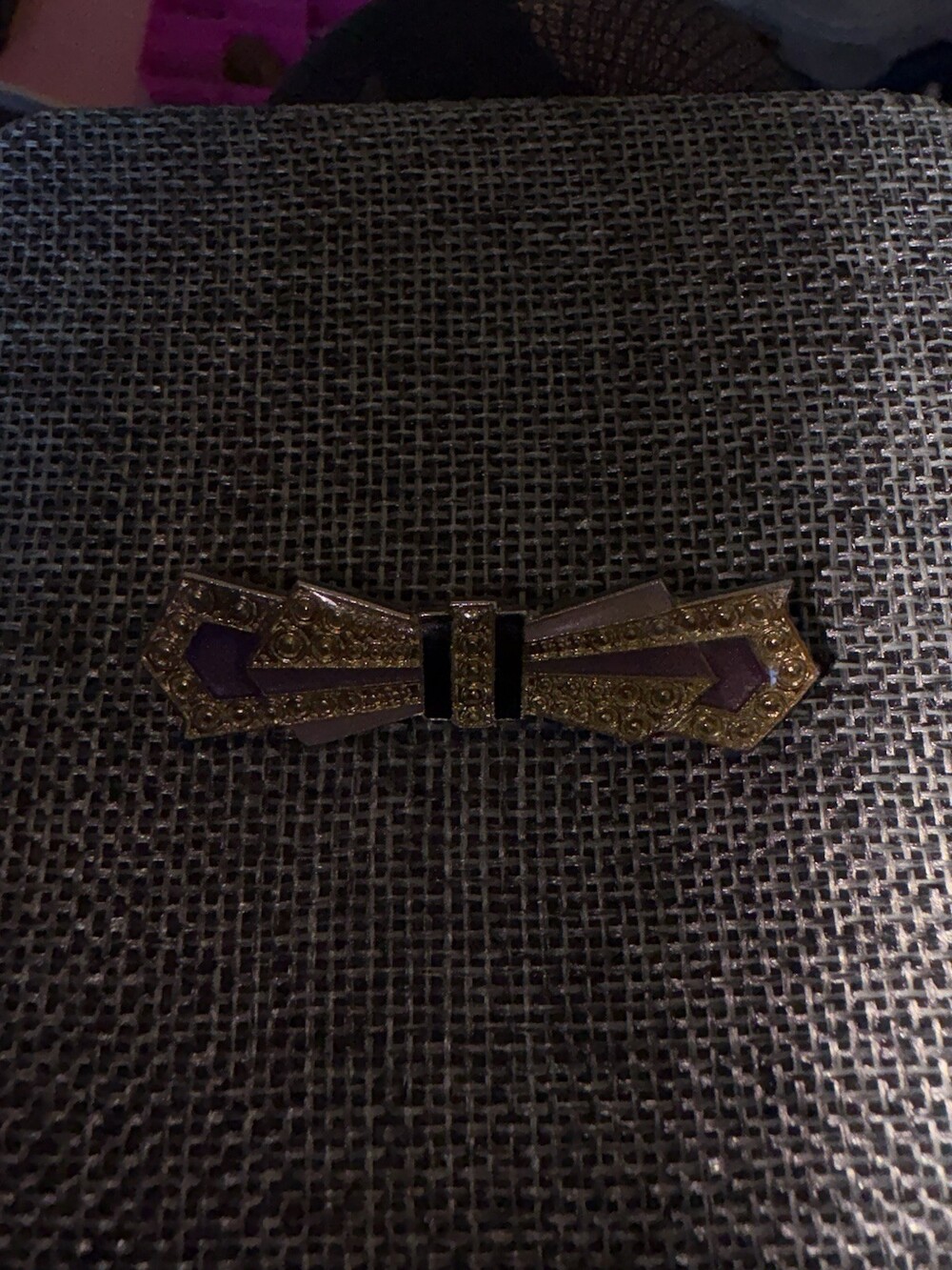 Art Deco Style Geometric Pierre Bex Style Bow Brooch Purple Black Gold Tone Pin
